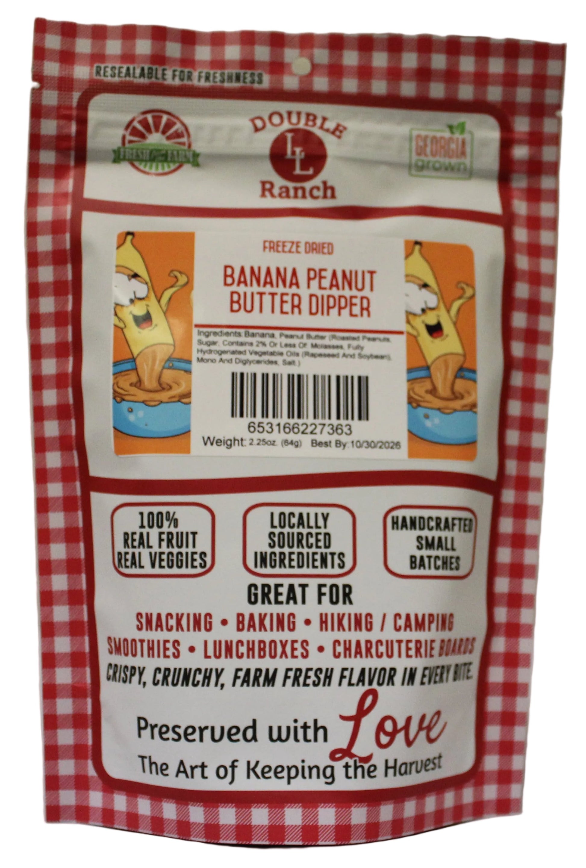 Freeze-dried banana peanut butter dippers by Double L Ranch, showing crispy snack sticks coated with banana and peanut butter.