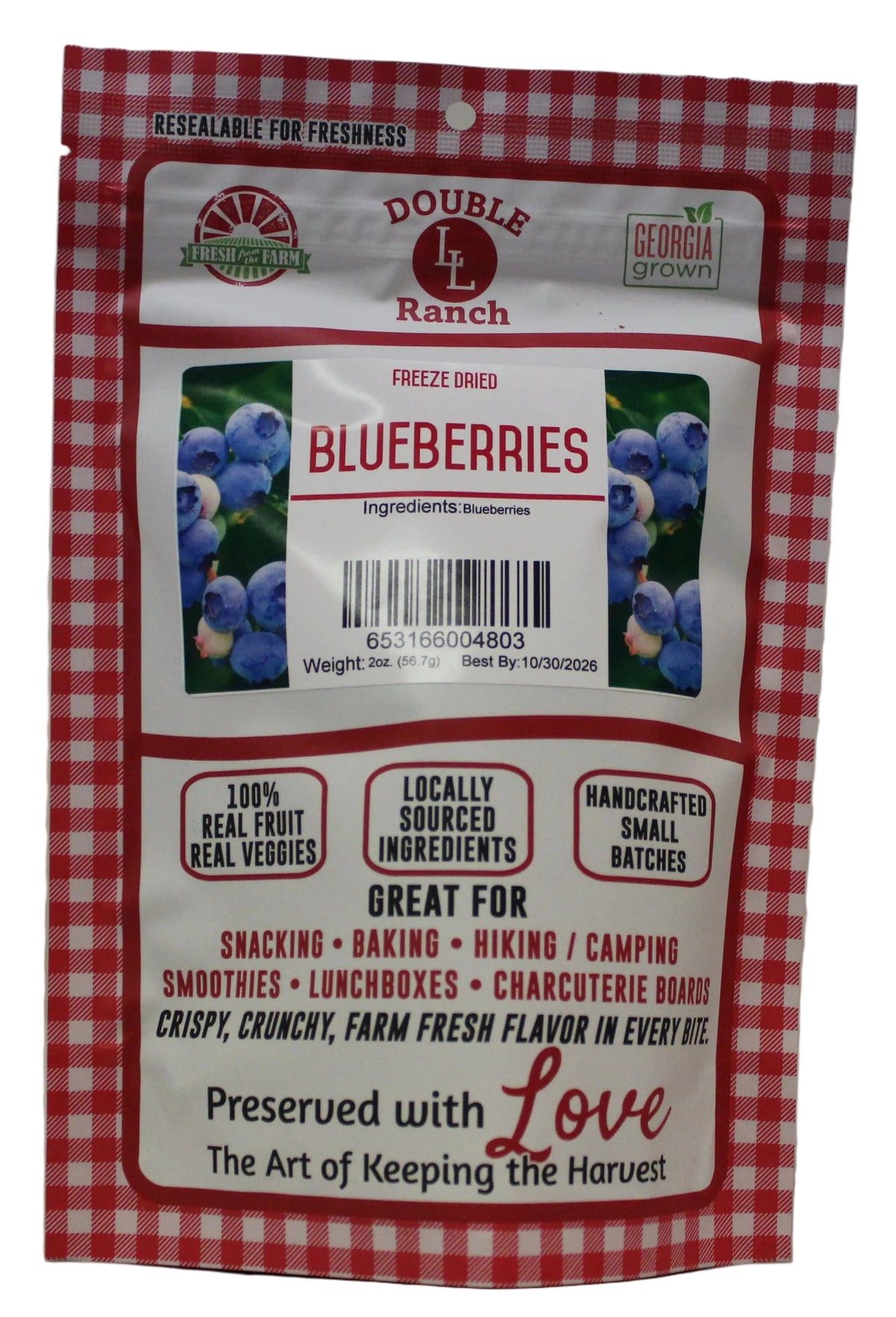 Freeze dried blueberries by Double L Ranch, showing vibrant blue, crunchy texture, and fresh fruit appearance.