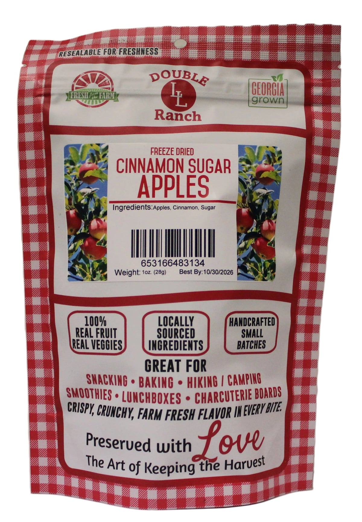 Freeze dried Cinnamon & Sugar Apples by Double L Ranch, showcasing golden, crispy apple slices coated with cinnamon and sugar.