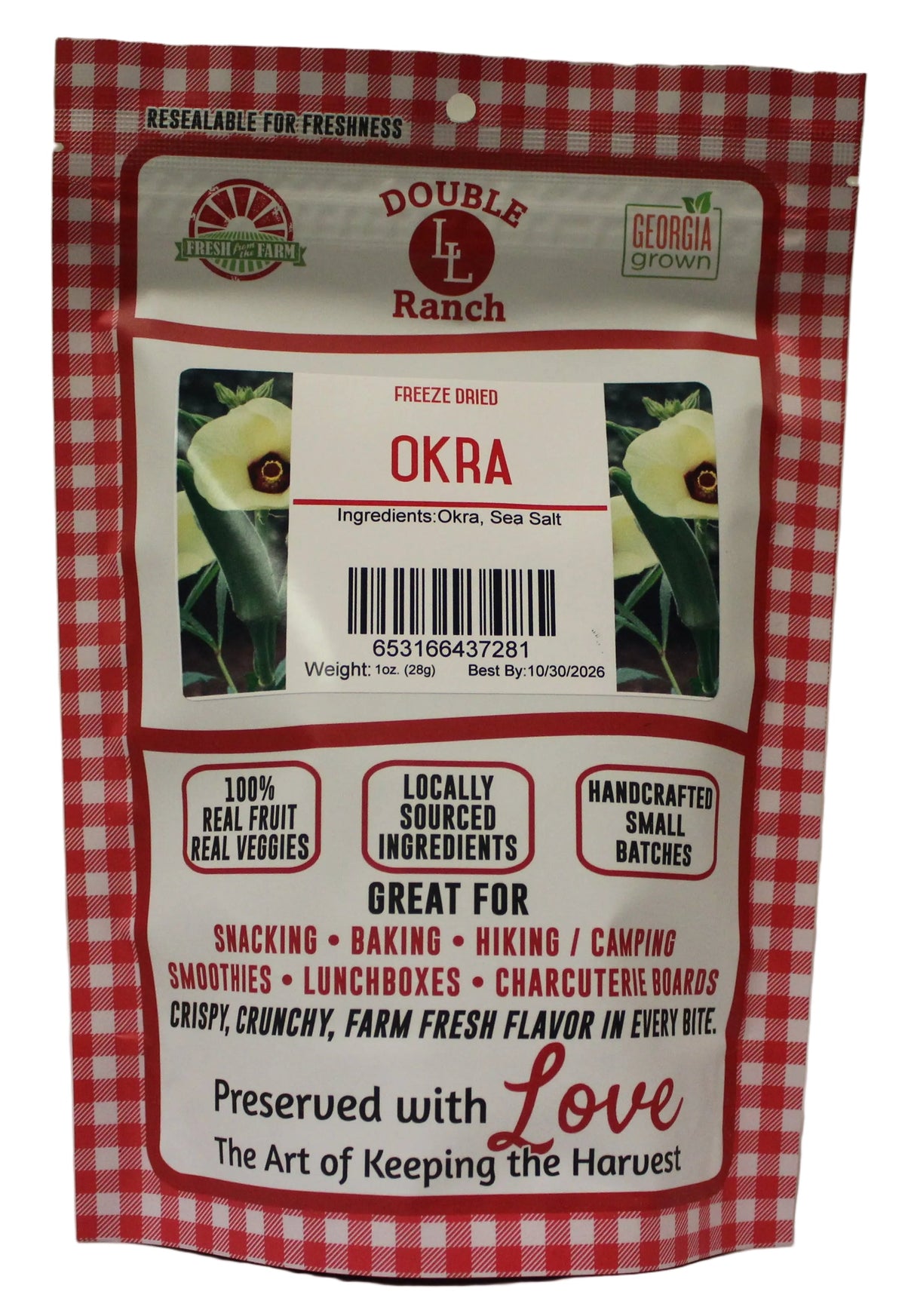 Freeze dried okra from Double L Ranch, showing vibrant green, sliced okra pieces with textured, crisp surface.