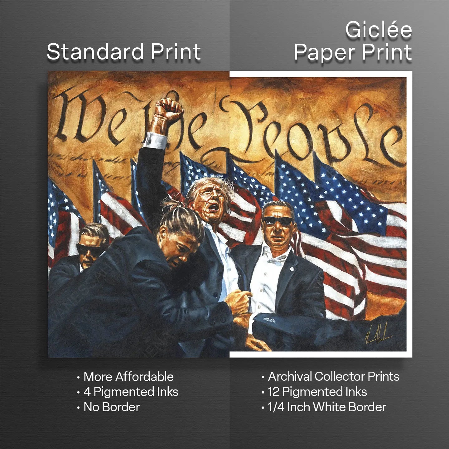 Patriotic art print titled "Fight For America" by Vanessa Horabuena showcasing American symbols and patriotic imagery.