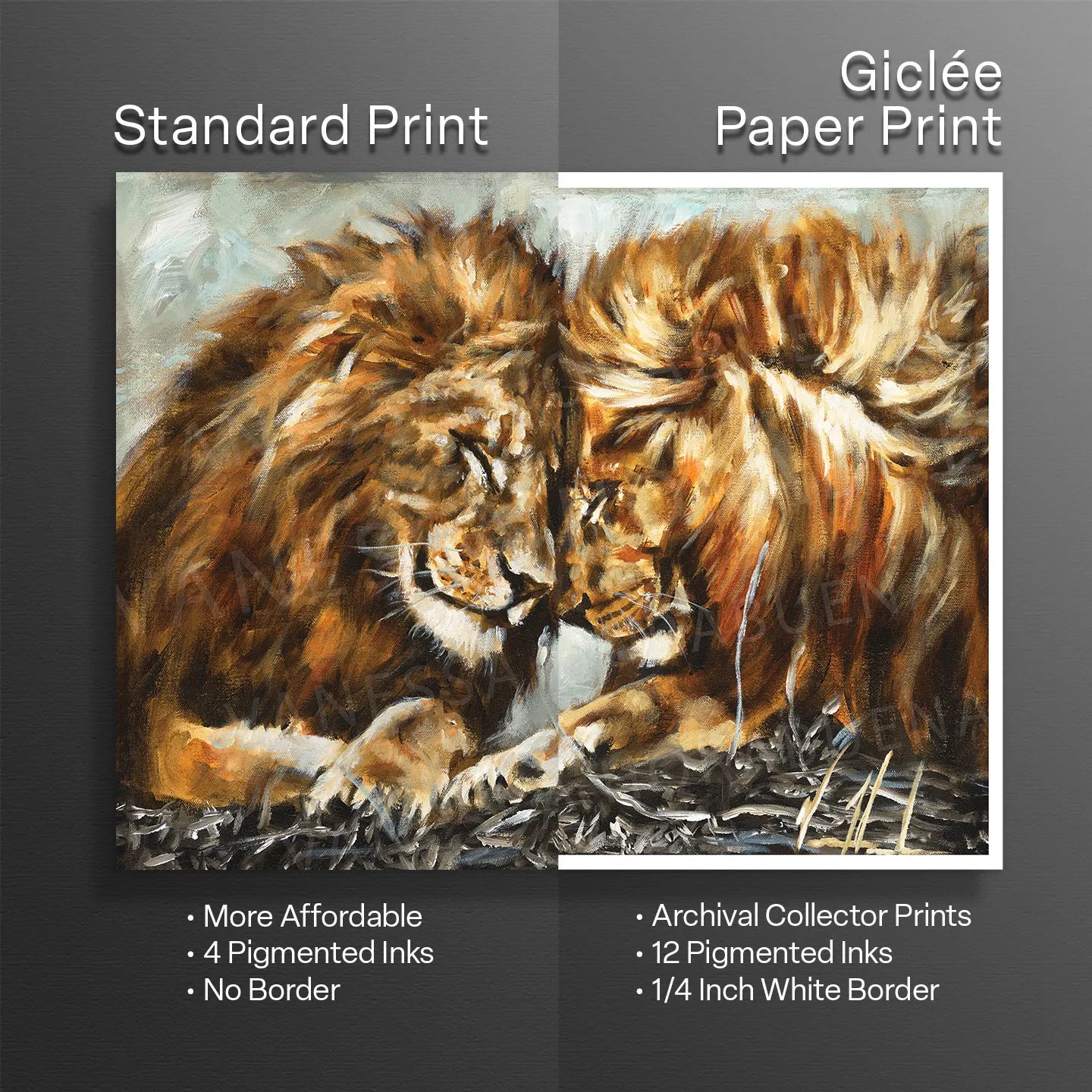 Lion art print titled "Fortified Strength" by Vanessa Horabuena, featuring a powerful lion illustration on a dark background.