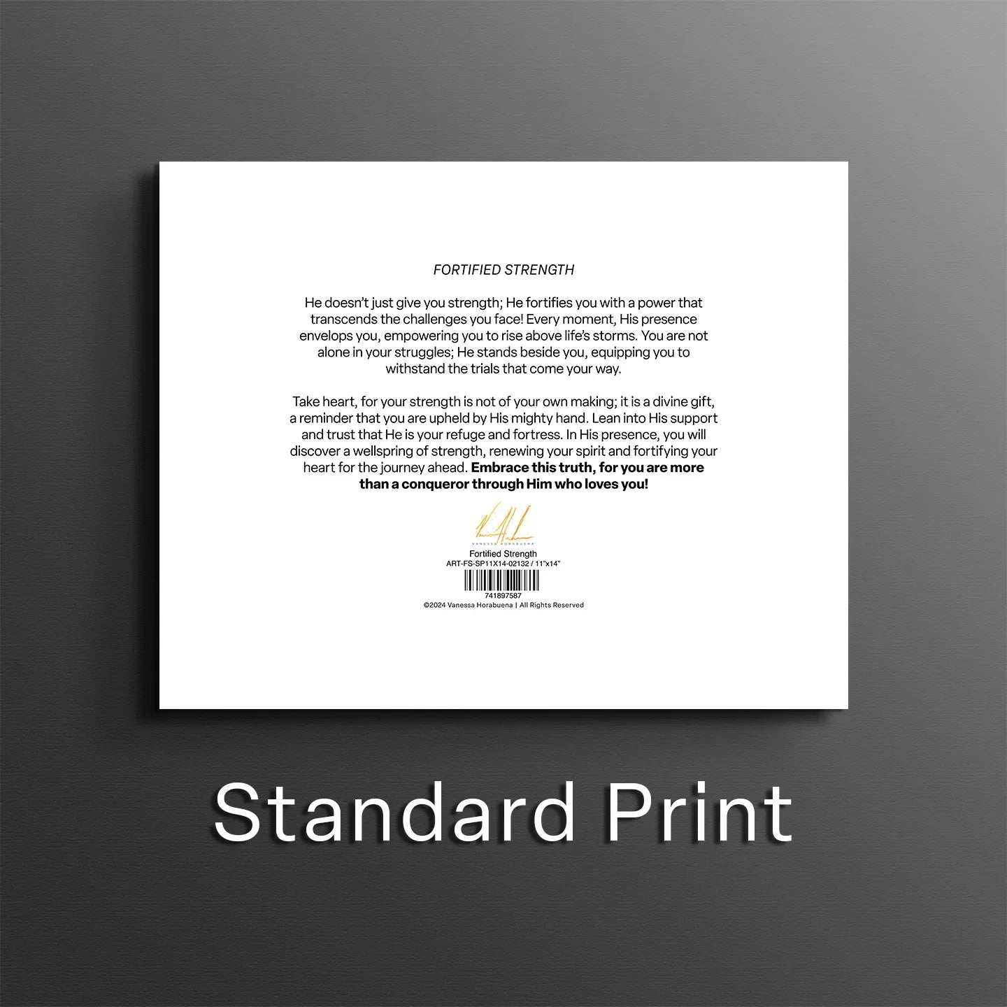 Lion art print titled "Fortified Strength" by Vanessa Horabuena, featuring a powerful lion illustration on a neutral background.