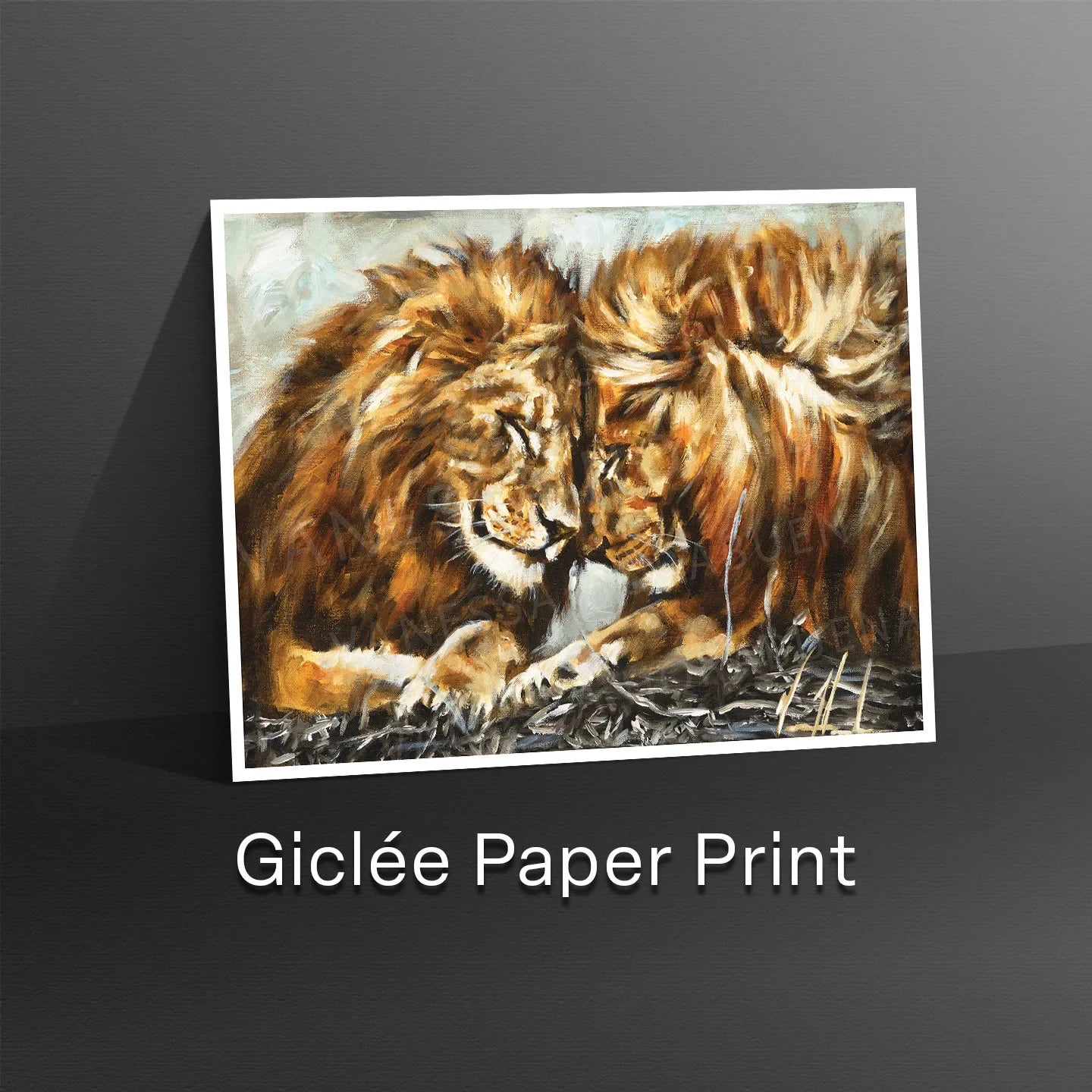 Lion art print titled "Fortified Strength" by Vanessa Horabuena, featuring a powerful lion illustration on a textured background.