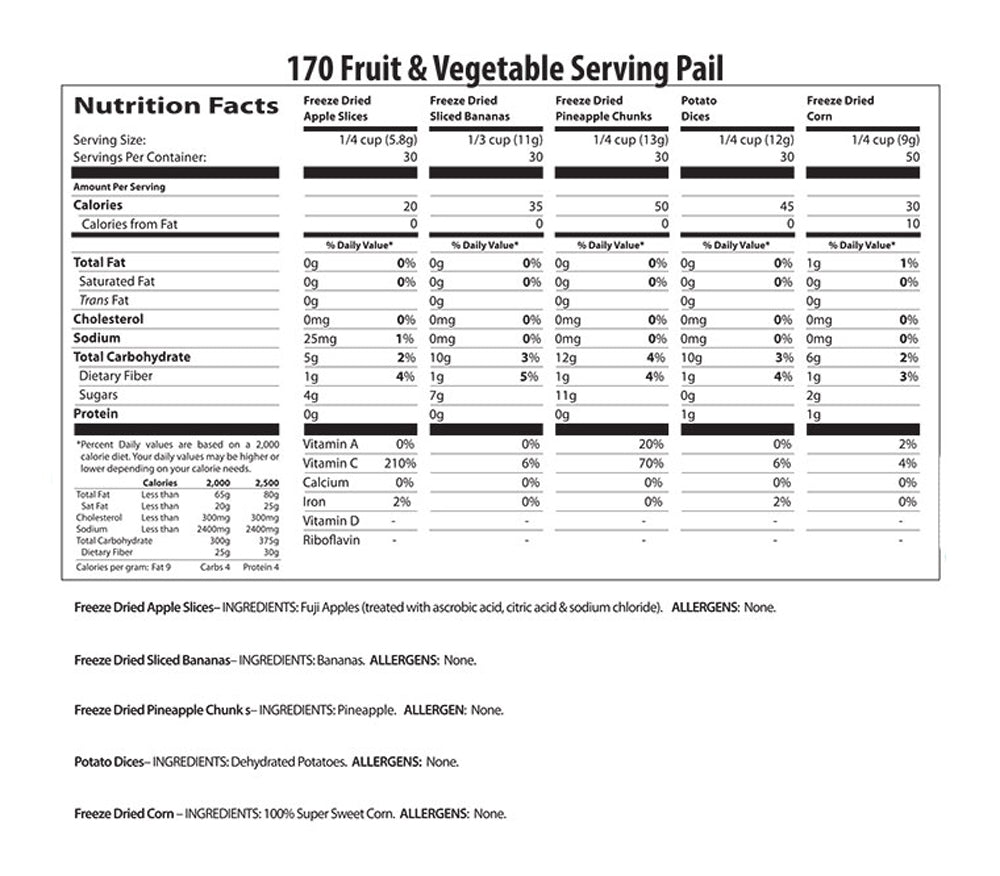 Six-pack of Heaven's Harvest fruit and vegetable survival food buckets, emergency preparedness kit with colorful packaged contents.