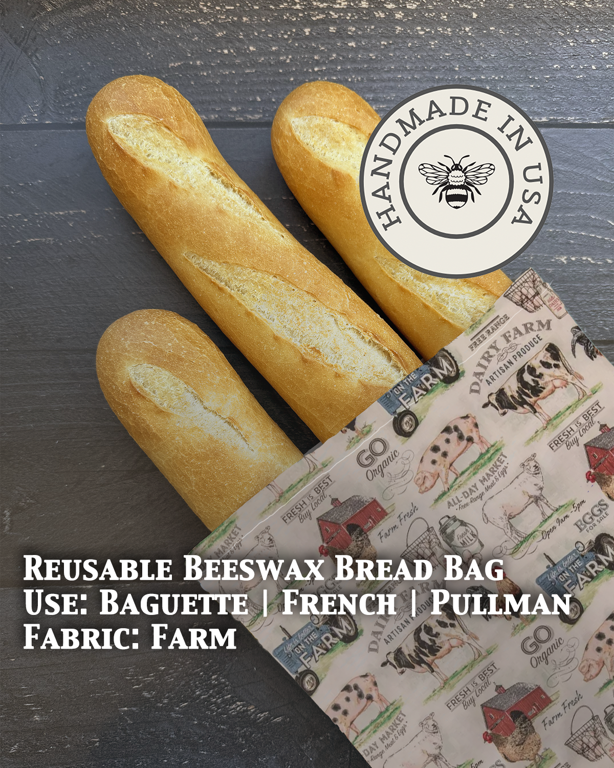 Beeswaxed Baguette bag from Five Oaks Farm, natural farm-style tote with beeswax coating and rustic design.
