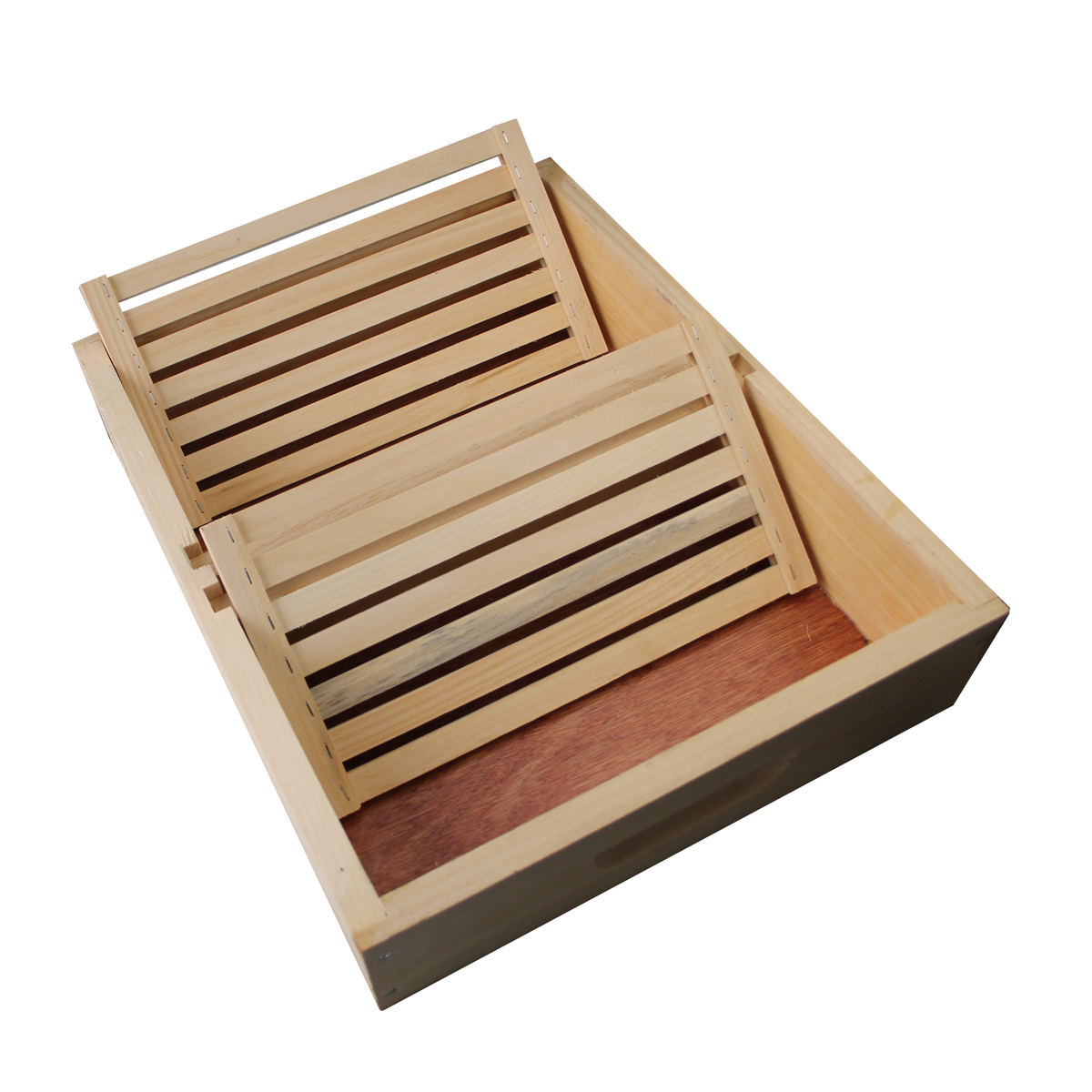 Amish-made 10-frame Galena Farms feeder box with floating slatted boards for safe, efficient hive feeding.