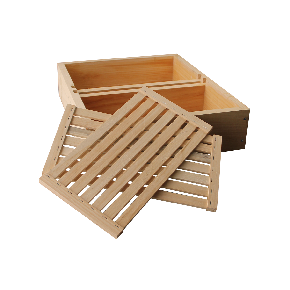 Amish-made Galena Farms 10-frame feeder box with floating slatted boards for safe, efficient hive feeding.