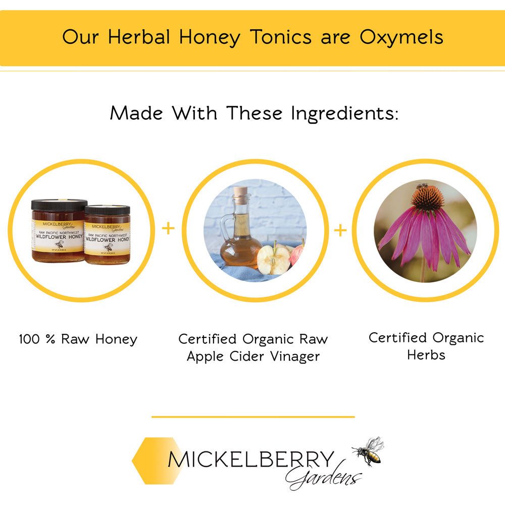 Fermented local bee pollen blended into raw honey tonic, showcasing a jar of Pollen Honey Tonic by Mickelberry Gardens.