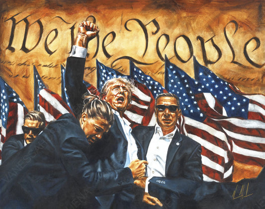 Patriotic art print titled "Fight For America" by Vanessa Horabuena, featuring bold American flag imagery and patriotic symbols.