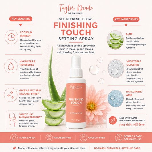 Organic Finishing Touch Setting Spray by Taylor Made Organics, a makeup spray in a clear bottle with a pump nozzle and label.