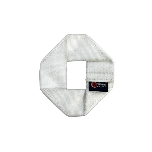 Recycled Firefighter Fire Hose Dog Frisbee JR, a durable white dog toy designed for fetch and play.