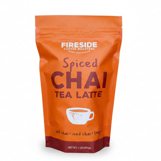 Fireside Coffee Co. spiced chai tea bags in a 1 lb package, featuring warm, aromatic chai spices and tea leaves.