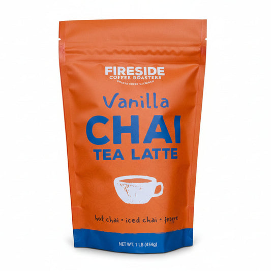 Fireside Coffee Co. Vanilla Chai Tea bags in a 1 lb package, showing individual tea bags with vanilla and chai spices.