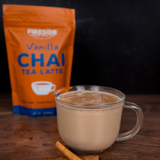 Fireside Coffee Co. Vanilla Chai Tea bags with aromatic spices and vanilla flavor, ready for brewing in a warm, comforting beverage.