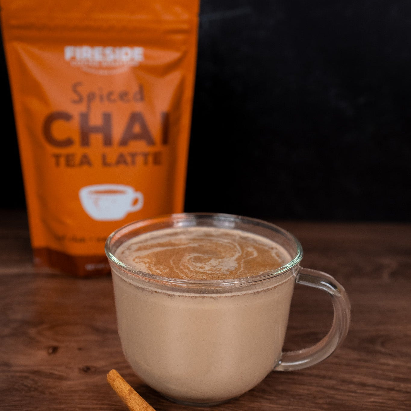 Fireside Coffee Co. spiced chai tea bags with aromatic blend and warm spices, ready for brewing in a cozy tea cup.