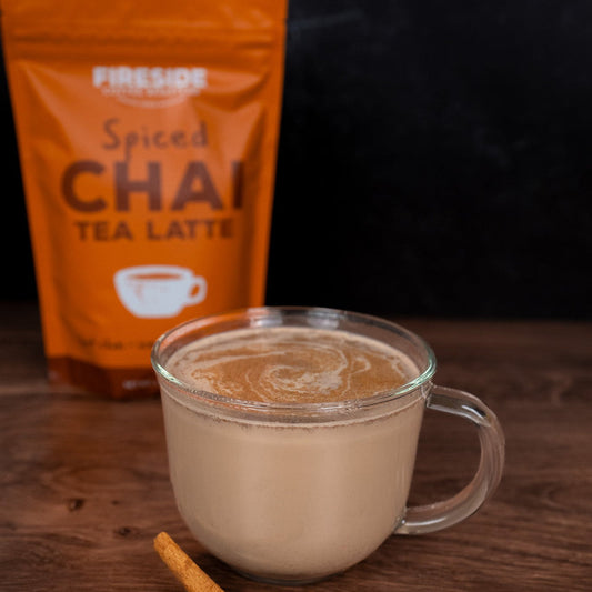 Fireside Coffee Co. spiced chai tea bags with aromatic spices and tea leaves in a clear bag, ready for brewing.