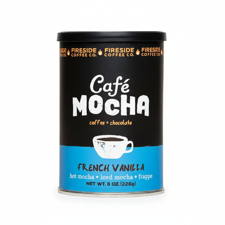 French Vanilla Cafe Mocha by Fireside Coffee Co. featuring a steaming cup with swirls of vanilla and chocolate flavor.