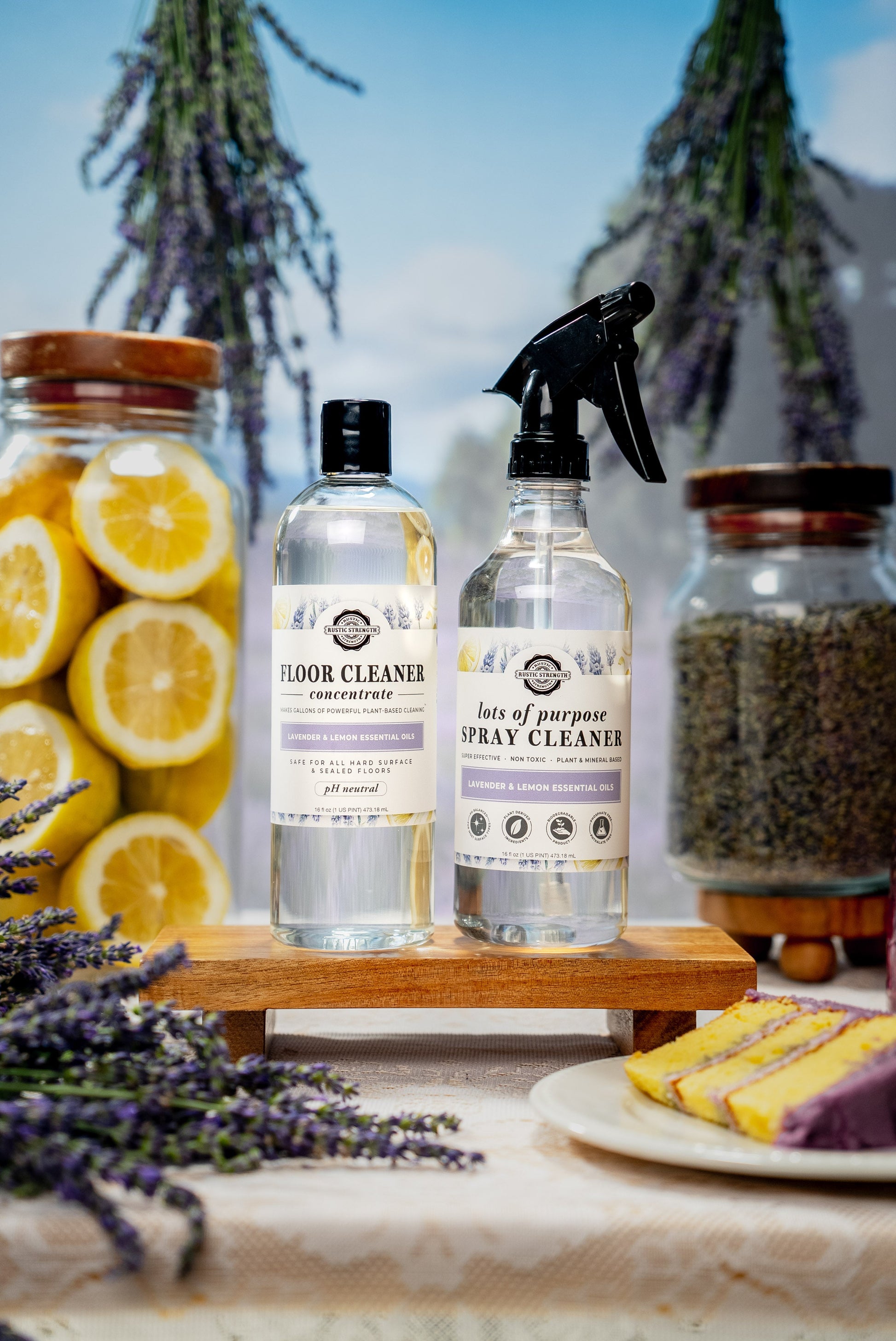 Rustic Strength lavender and lemon floor cleaner concentrate in a spray bottle, ready for cleaning and freshening floors.