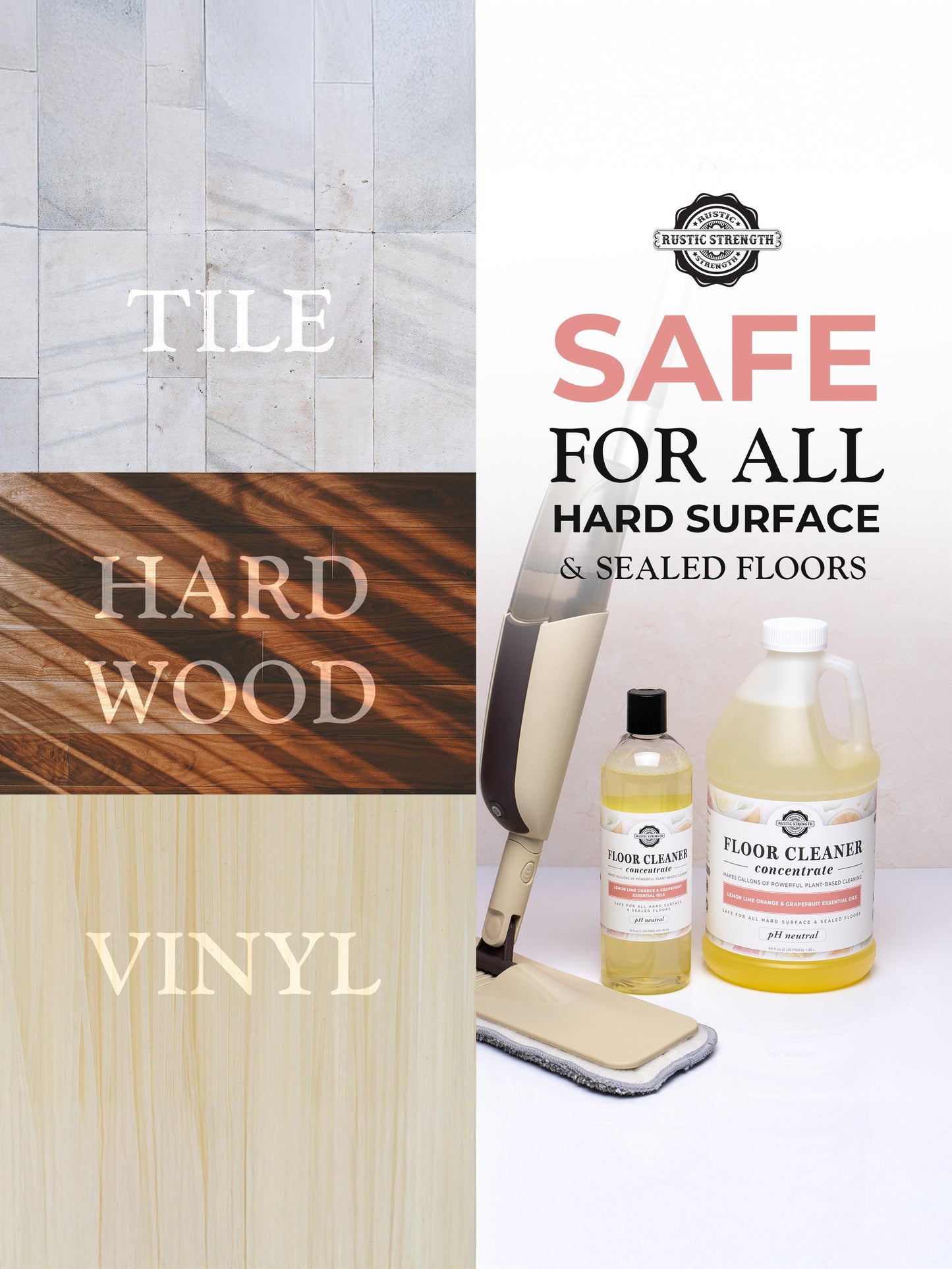 Rustic Strength lavender and lemon floor cleaner concentrate on sealed hard surfaces, showing a clear bottle with lavender and lemon imagery.