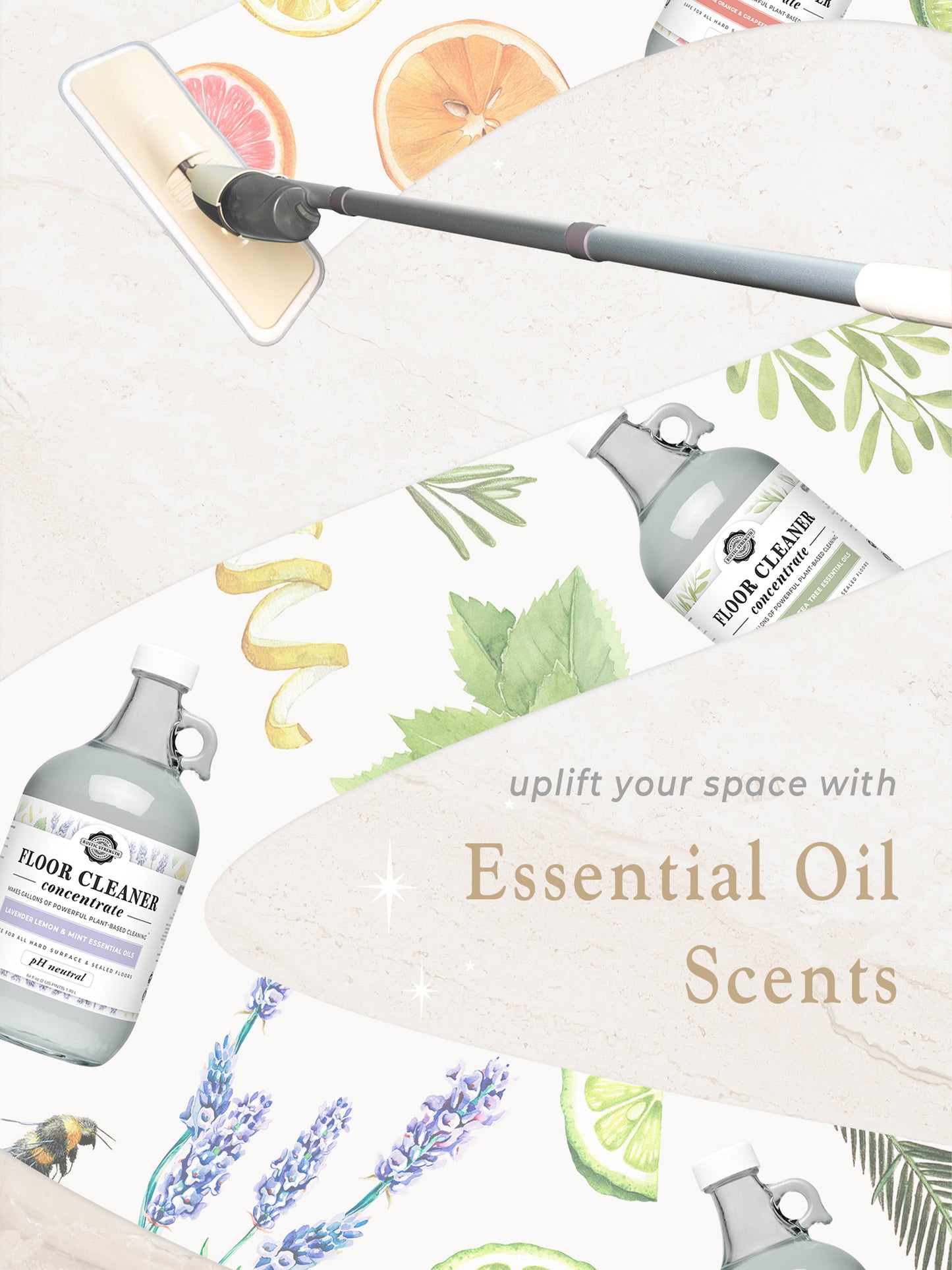 Rustic Strength lavender and lemon floor cleaner concentrate in a bottle with fresh citrus and floral scent, suitable for deep cleaning floors.