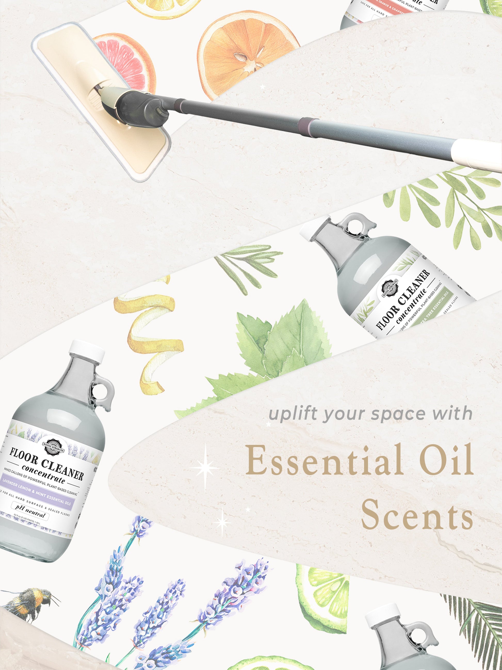 Rustic Strength lavender and lemon floor cleaner concentrate in a bottle with fresh citrus and floral scent, suitable for deep cleaning floors.