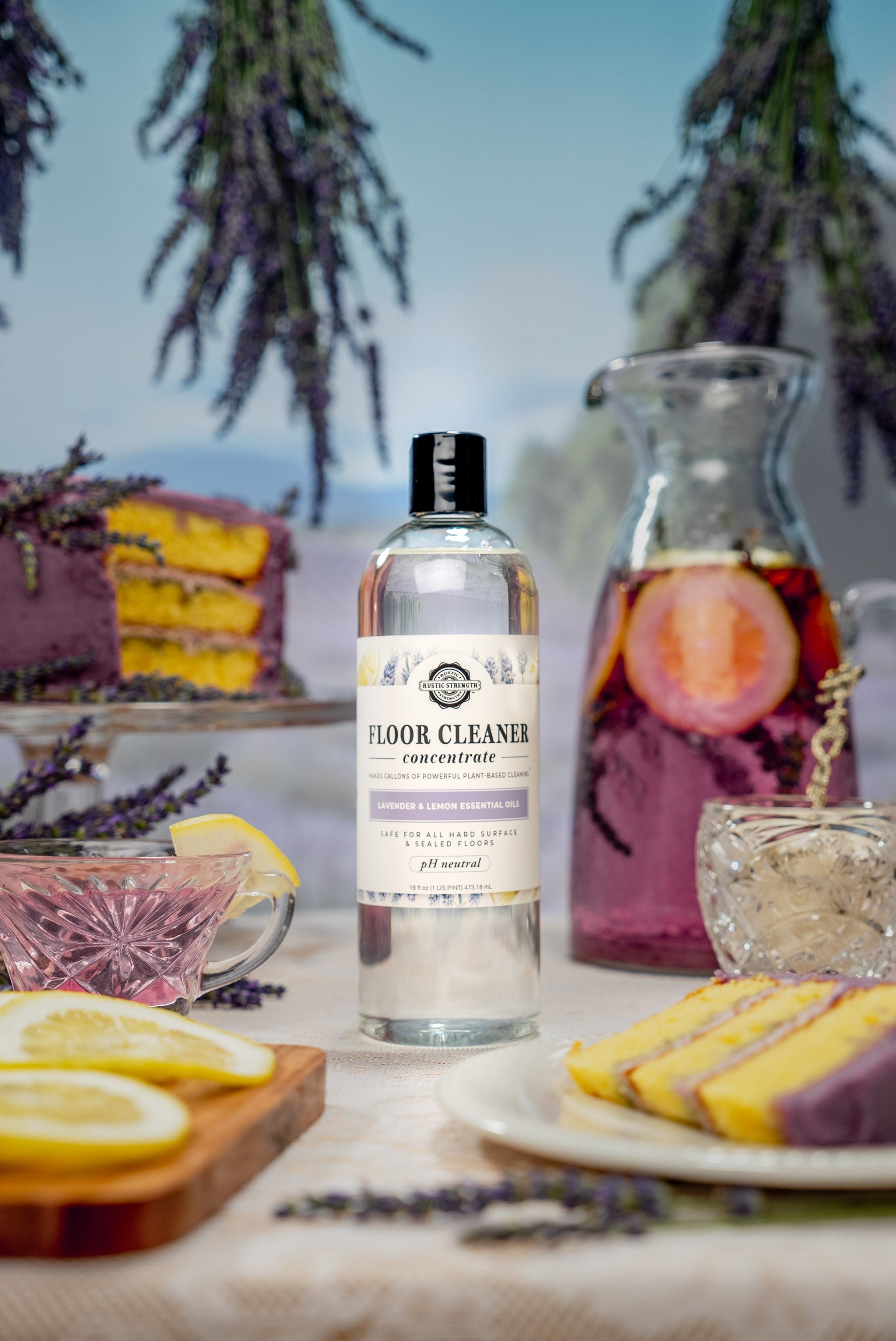 Rustic Strength lavender and lemon floor cleaner concentrate in a bottle, ready for mopping and deep cleaning floors.
