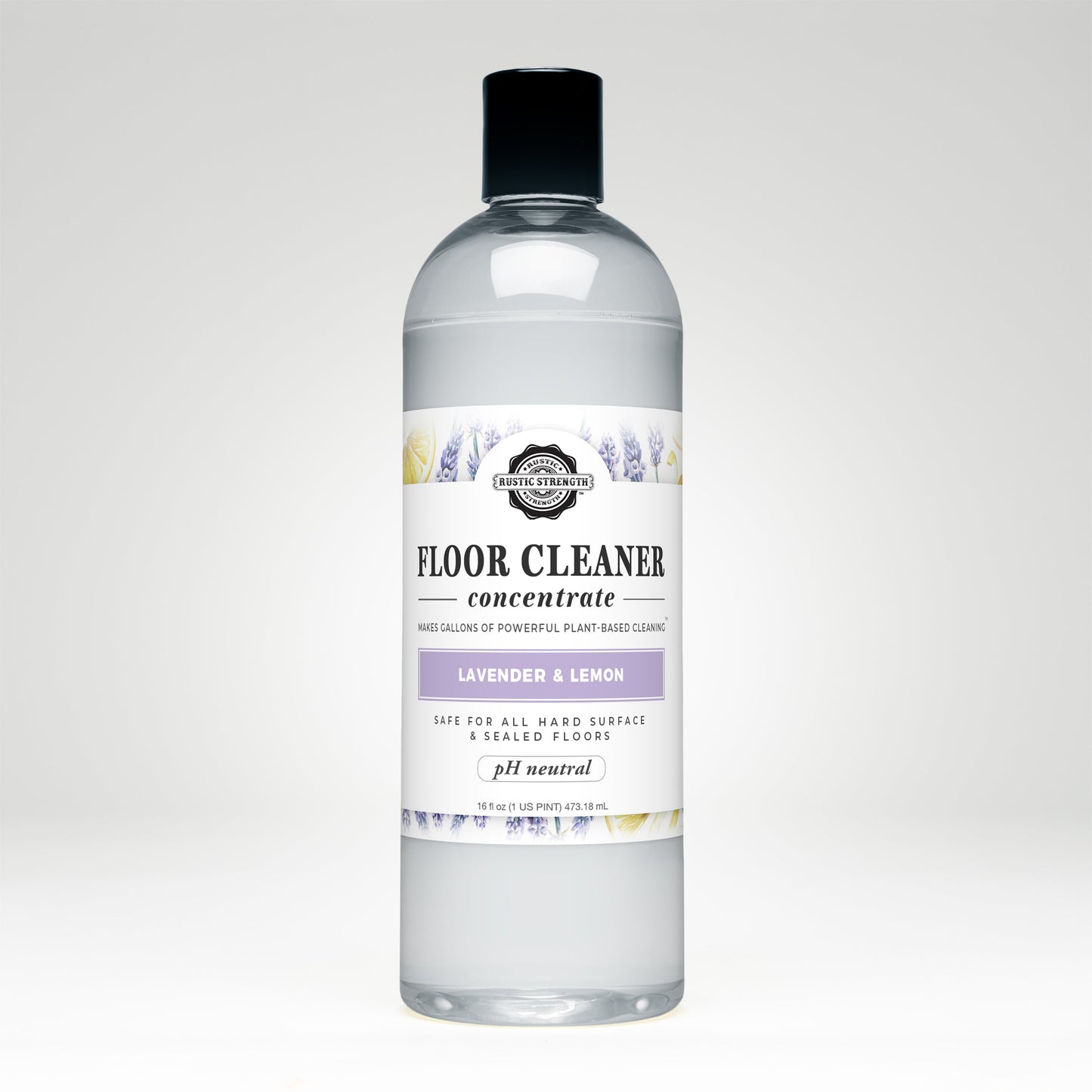 Rustic Strength lavender and lemon floor cleaner concentrate in a 16 oz bottle, ready for effective home cleaning.