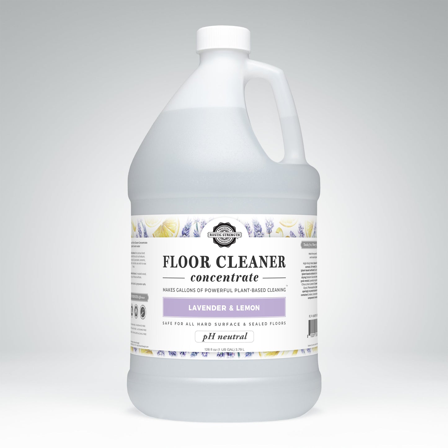 Rustic Strength lavender and lemon floor cleaner concentrate in a gallon jug, showcasing the vibrant label and cleaning product.