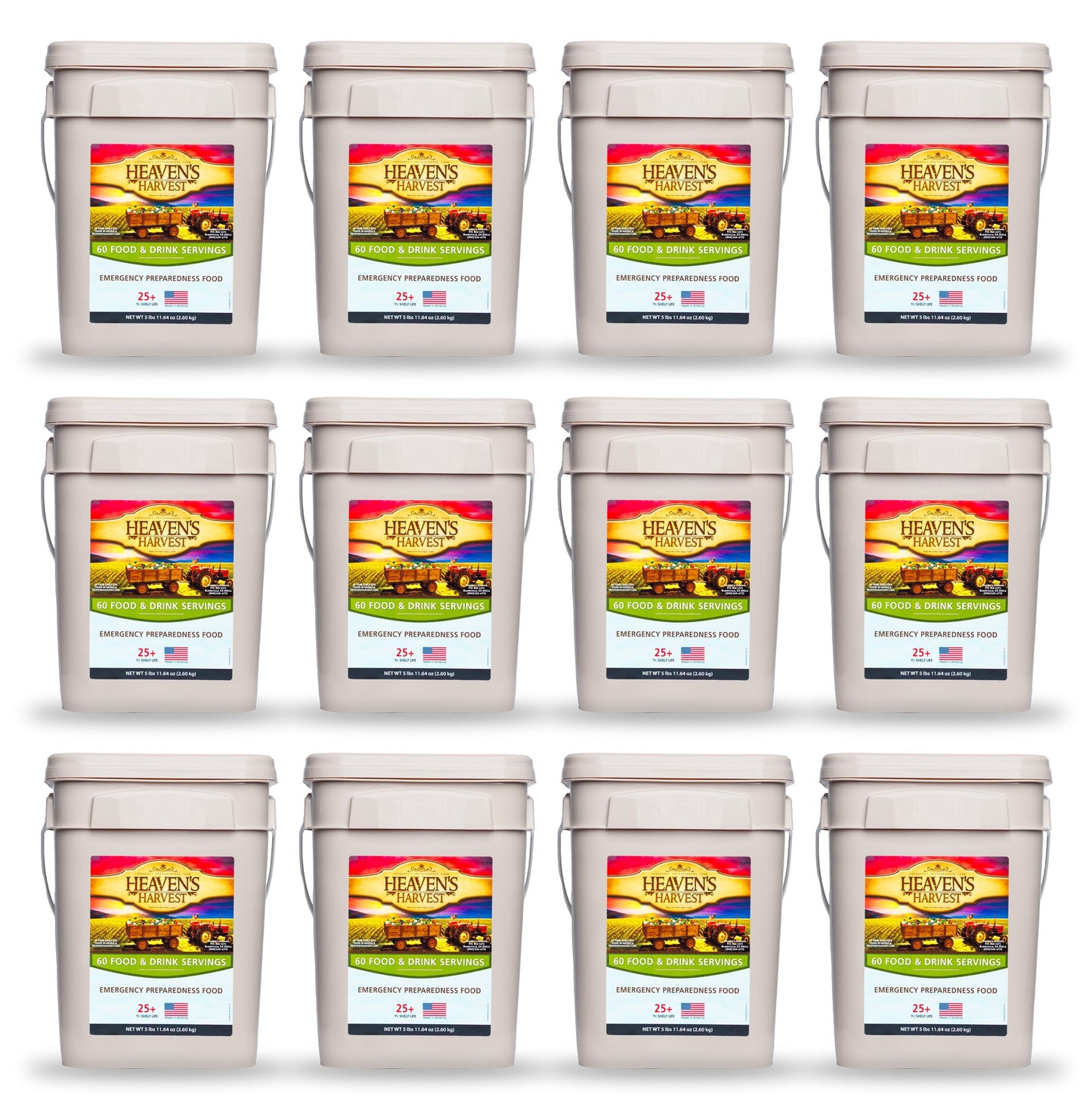 Heaven's Harvest 1-week emergency freeze-dried food and drink kit with 60 servings for one person.