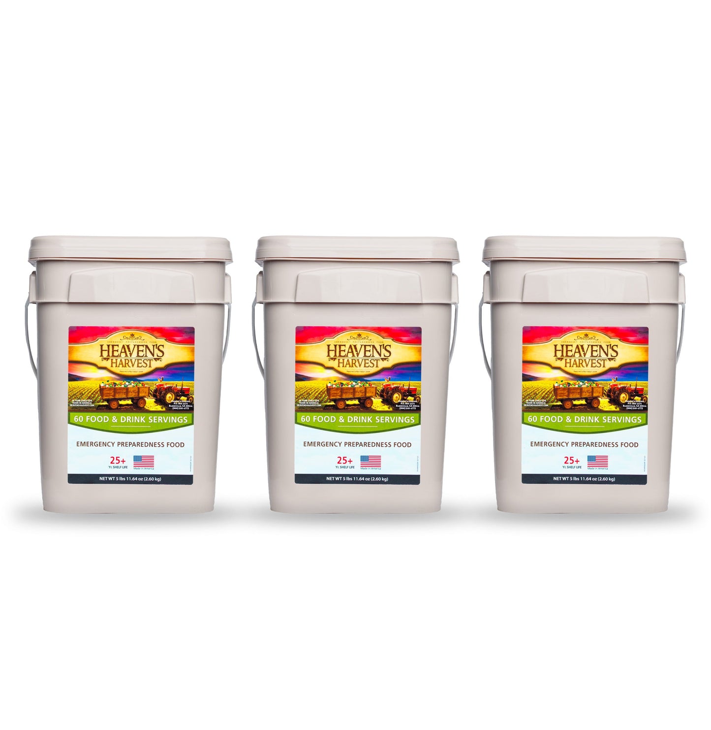 Heaven's Harvest 1-week emergency survival food and drink kit with freeze-dried meals for one person, 60 servings in a bucket.