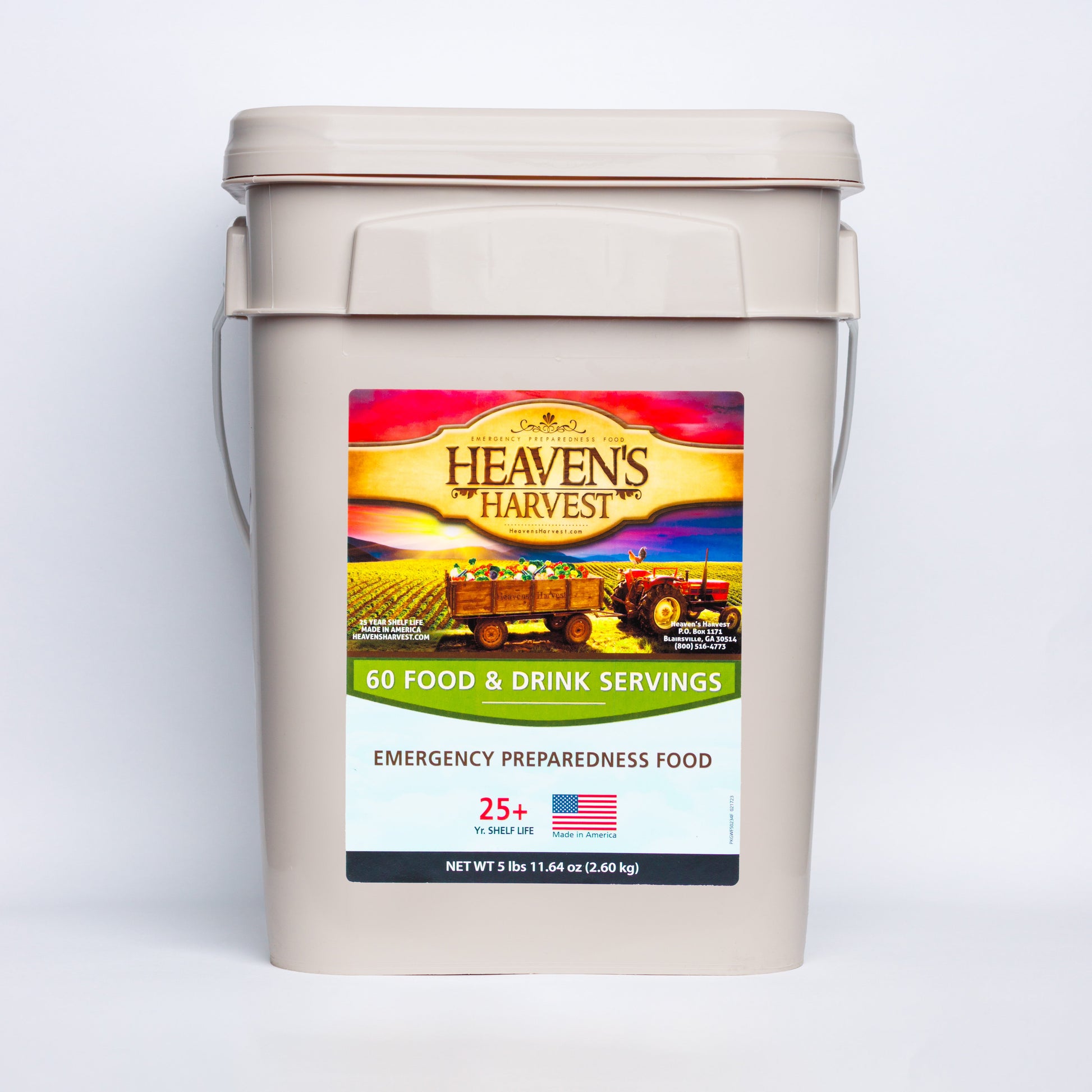 Heaven's Harvest 1-week emergency survival food kit with freeze-dried meals and drinks for one person, 60 servings included.