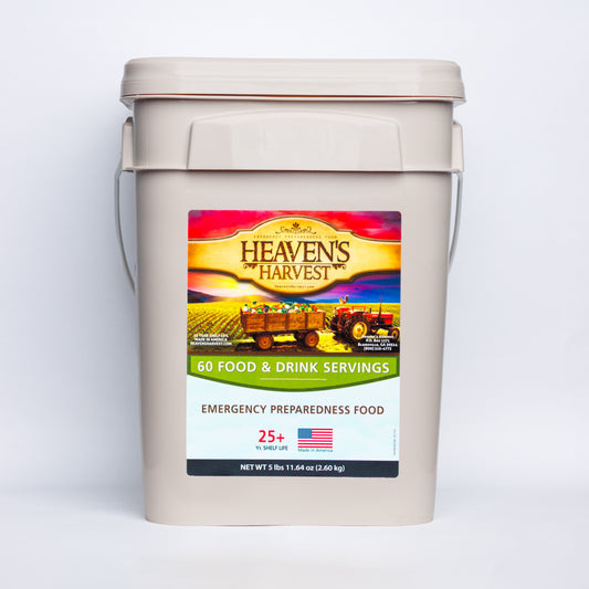 Heaven's Harvest 1-week emergency survival food kit with freeze-dried meals and drinks for one person, 60 servings included.