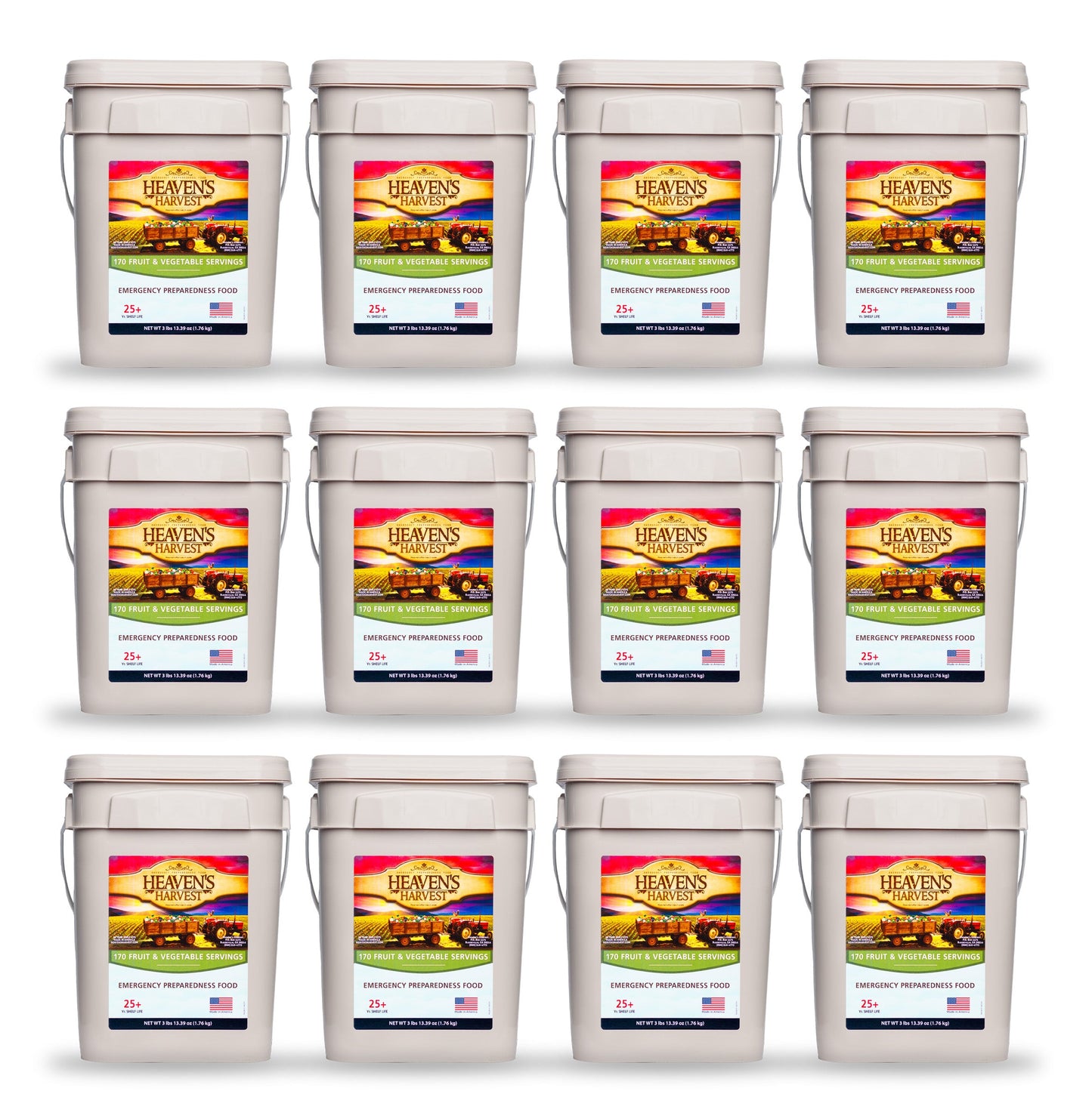Heaven's Harvest 12-pack fruit and vegetable survival food bucket with preserved, ready-to-eat fresh produce for emergency preparedness