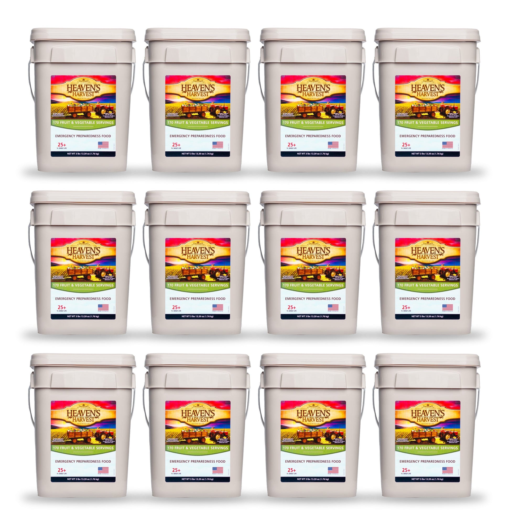 Heaven's Harvest 12-pack fruit and vegetable survival food bucket with preserved, ready-to-eat fresh produce for emergency preparedness