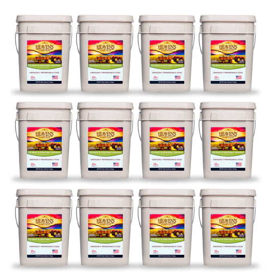Heaven's Harvest 12-pack fruit and vegetable survival food bucket with preserved, ready-to-eat fresh produce for emergency preparedness