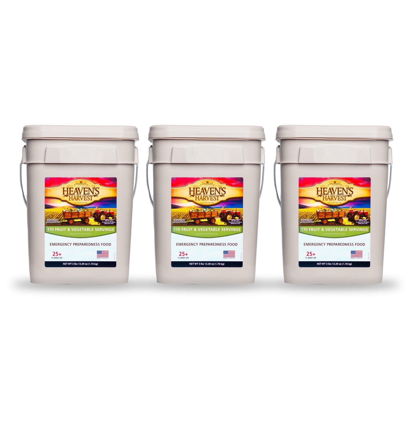Heaven's Harvest fruit and vegetable bucket with 170 servings of emergency survival food for one person, durable storage container.