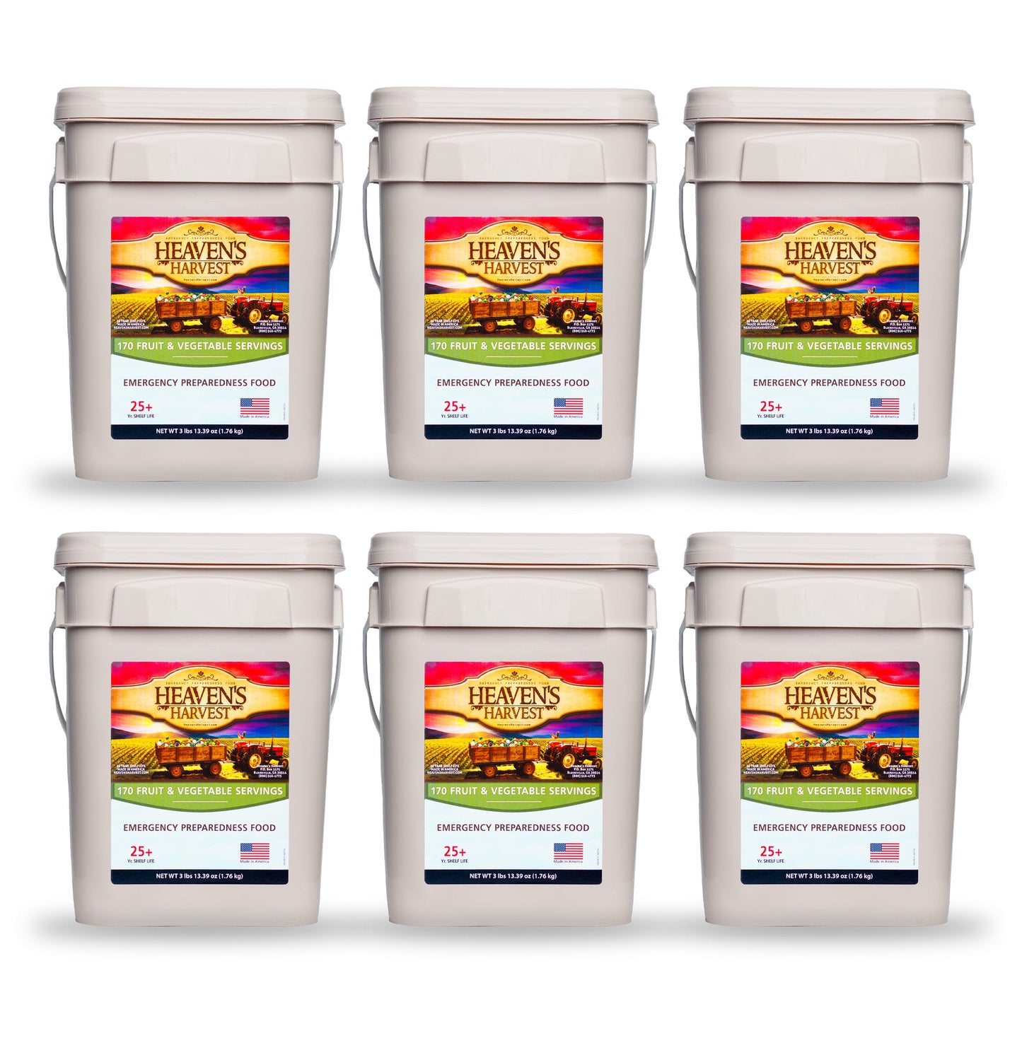 Six-pack of Heaven's Harvest Fruit and Vegetable Buckets showing colorful dried fruits and vegetables in plastic containers.