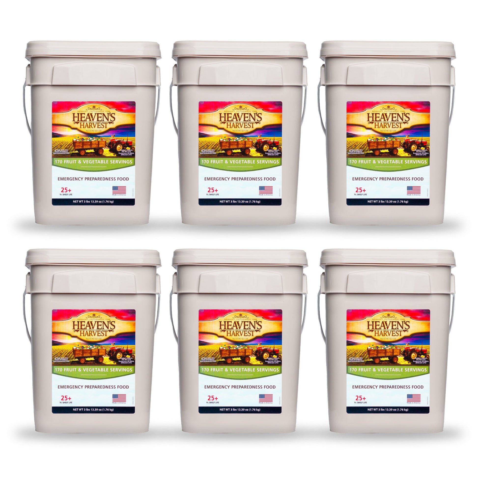 Six-pack of Heaven's Harvest Fruit and Vegetable Buckets showing colorful dried fruits and vegetables in plastic containers.