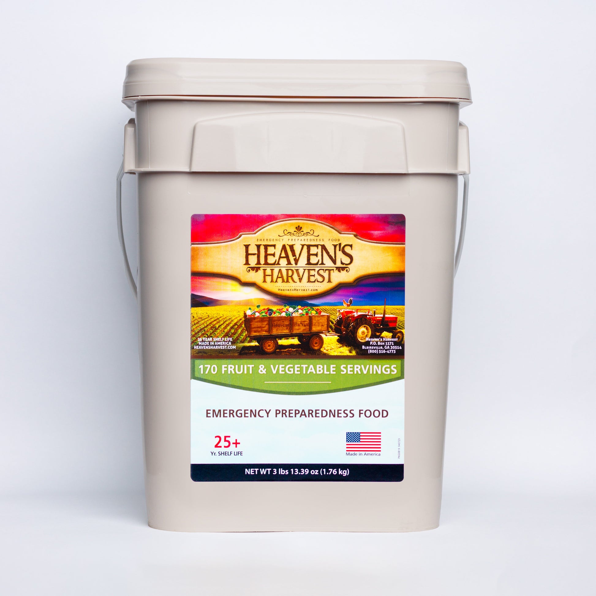 Heaven's Harvest fruit and vegetable survival bucket with 170 servings, 1 month supply for 1 person, emergency food kit.