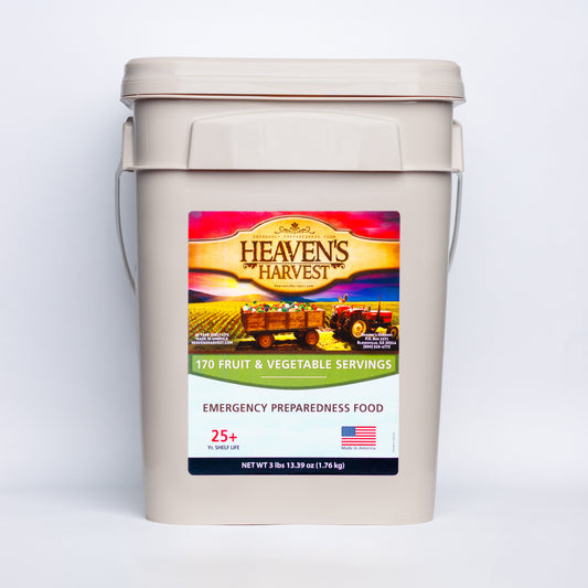 Heaven's Harvest fruit and vegetable survival bucket with 170 servings, 1 month supply for 1 person, emergency food kit.