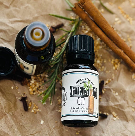 Sweet Harvest Farms Ministry Oil, a natural 15th-century Thieves Oil formulation featuring aromatic herbal and citrus oils in a glass bottle.