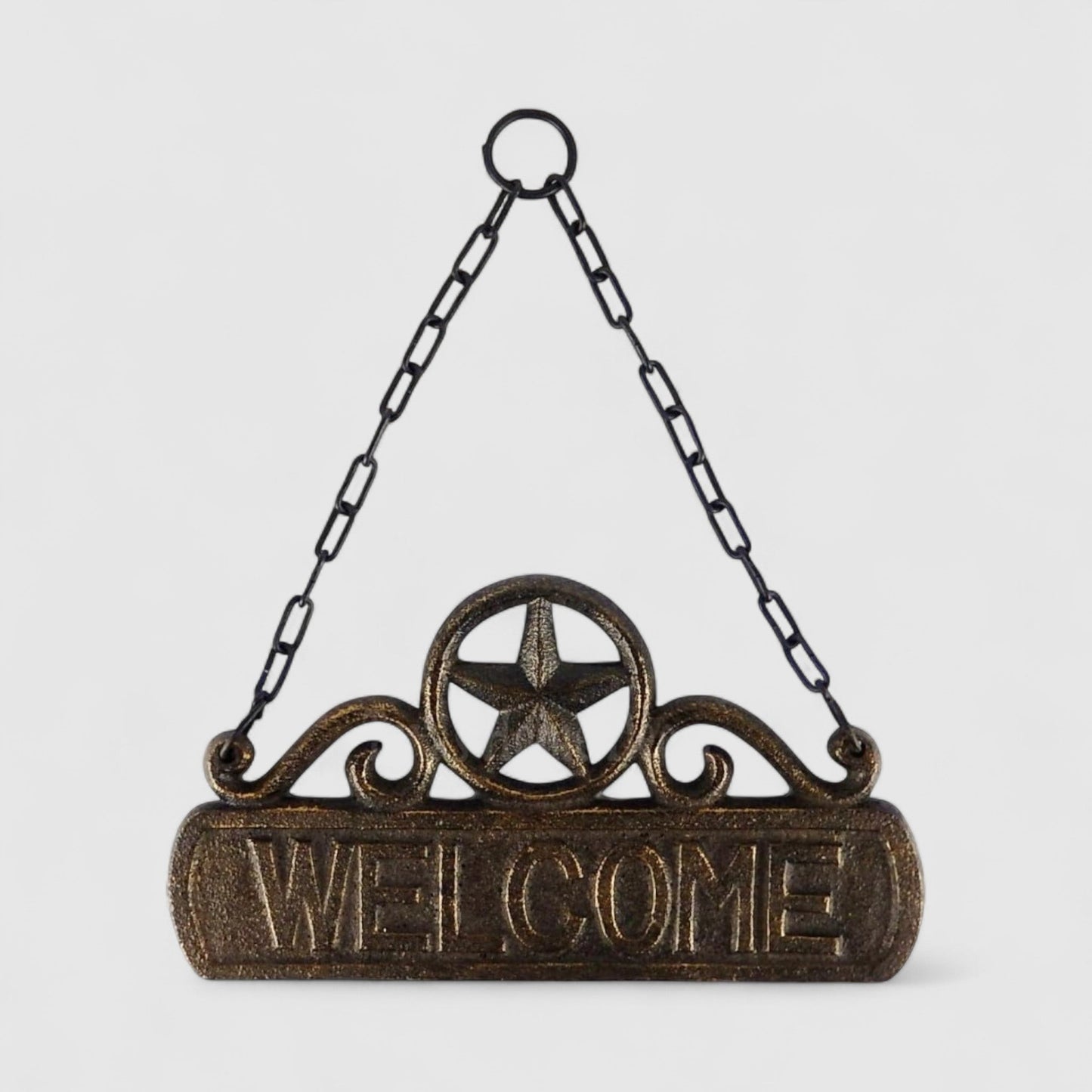 Rustic Iron & Blossom cast iron welcome sign plaque with chain, ideal for outdoor decor and welcoming guests.