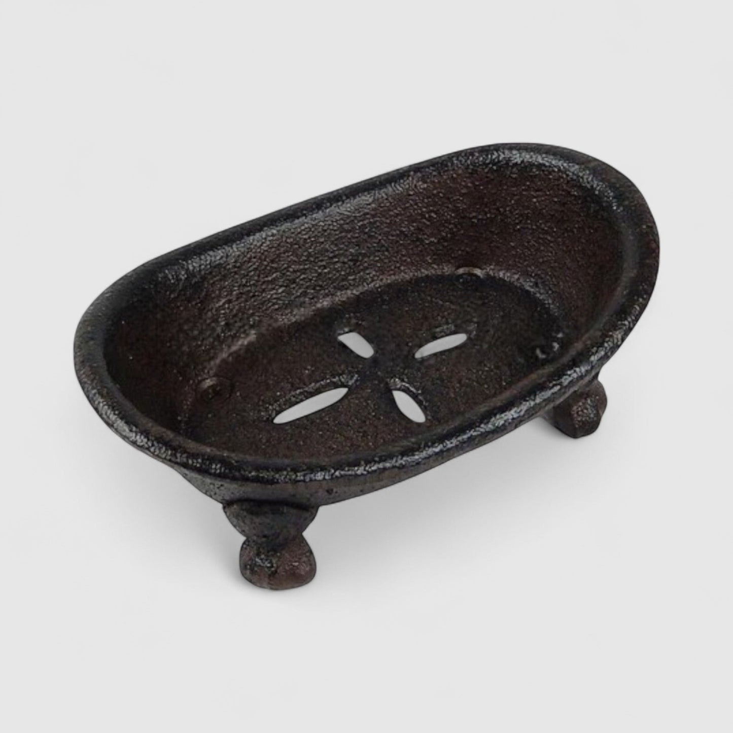 Vintage cast iron bathtub soap dish by Iron & Blossom, antique-style bathroom accessory with ornate detailing.