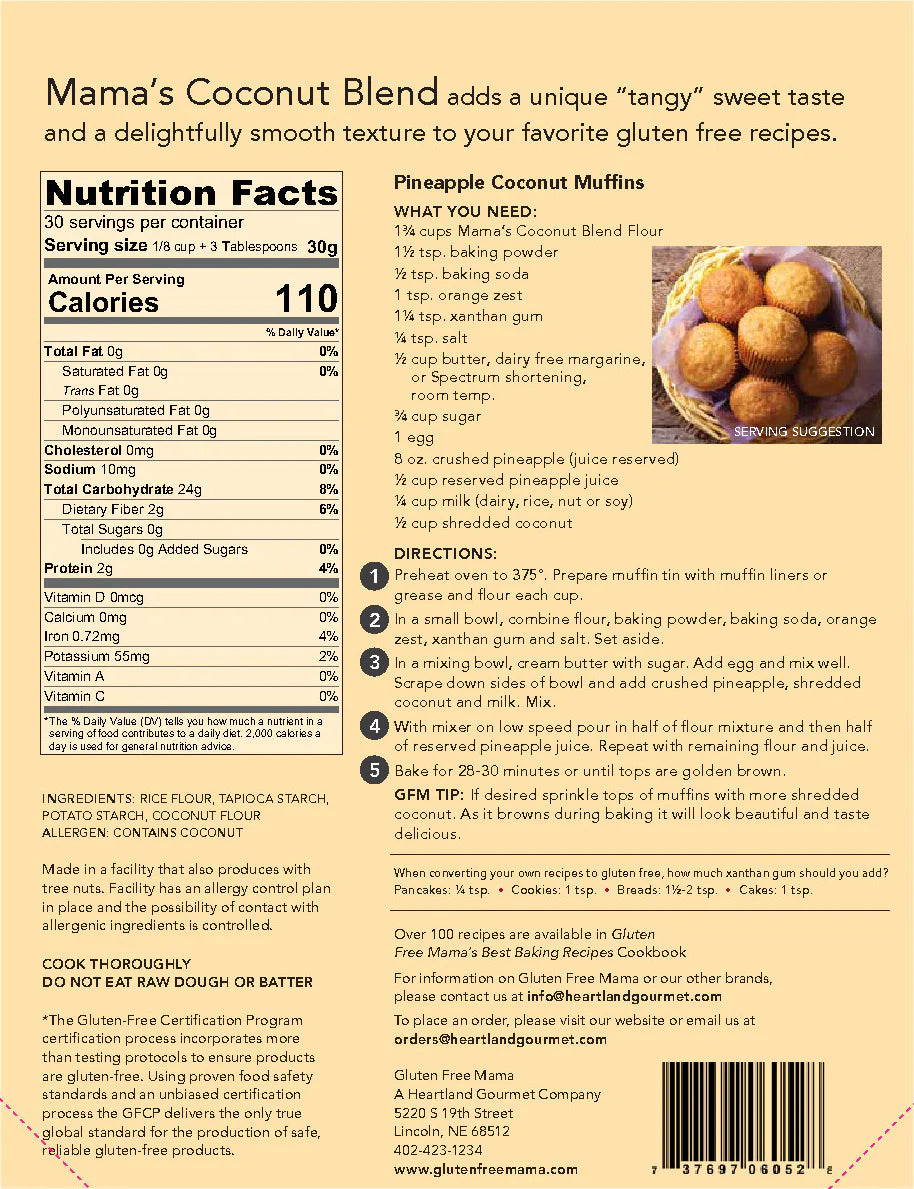 Bag of gluten-free coconut flour by Gluten Free Mama, 2 lb, shown with product label and packaging detail.