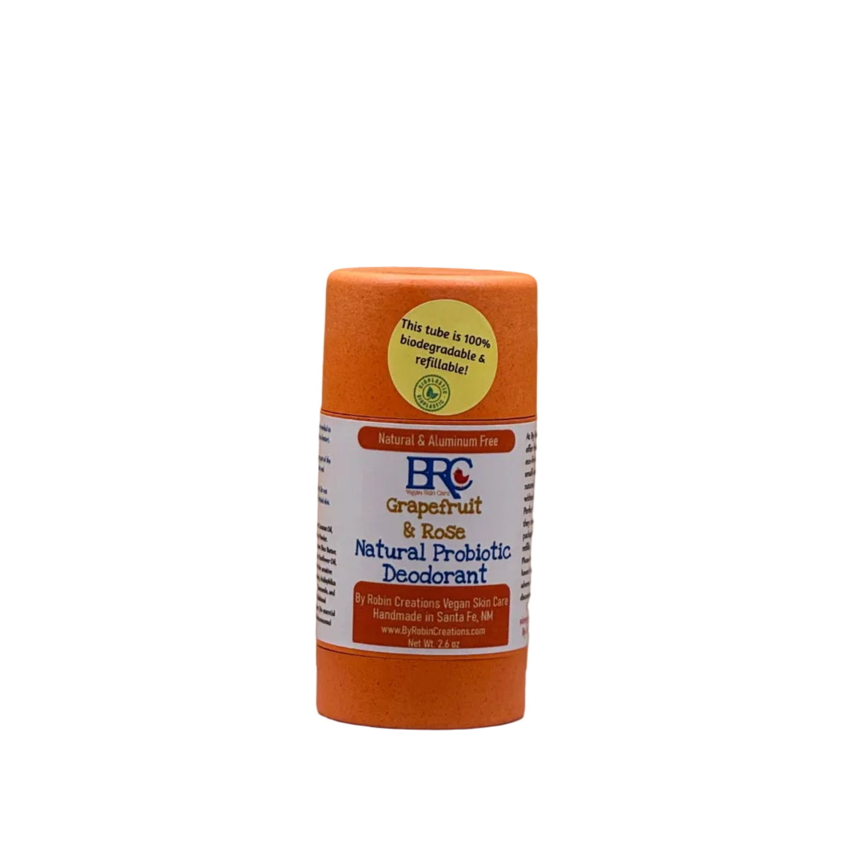 By Robin Creations natural probiotic deodorant in eco-friendly packaging, showcasing the sleek, minimalist design of the product.