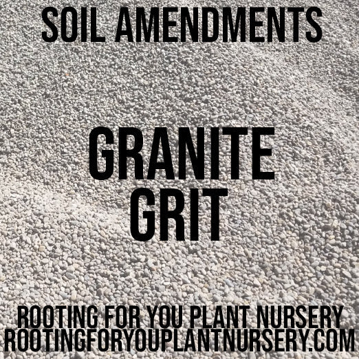 Organic granite grit soil amendment in an 8oz resealable bag from Rooting For You Plant Nursery, with visible granite particles inside.