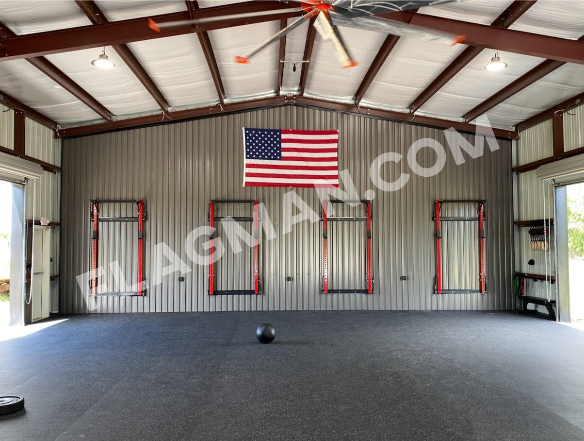 Nylon American flag WallSafe™ mounted on wall with reinforced edge grommets, made in USA, by Flagman of America.
