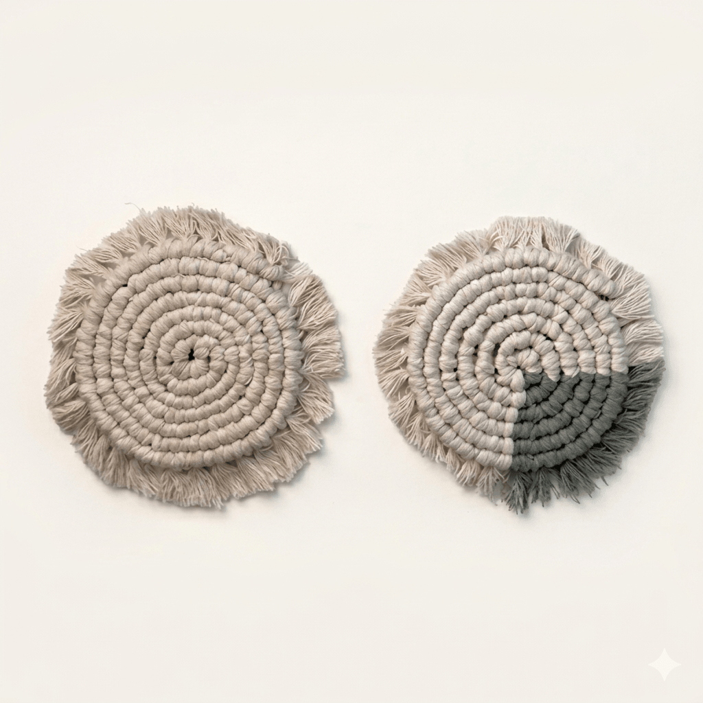 Set of four handmade boho macrame coasters by Tilley + Me, featuring intricate knotted design for stylish table decor.