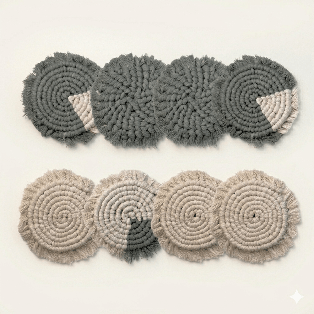 Set of four handmade macrame coasters with boho style, Tilley + Me table decor for protecting surfaces and adding a natural touch.